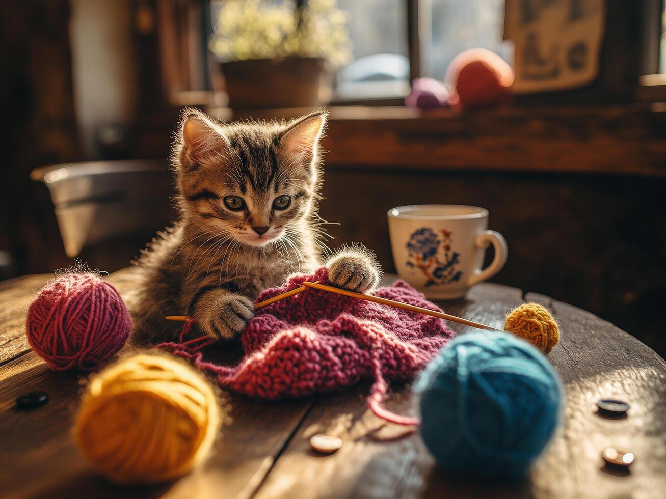 A tiny cat knitting with colorful yarn on a wooden table in a cozy handmade photo