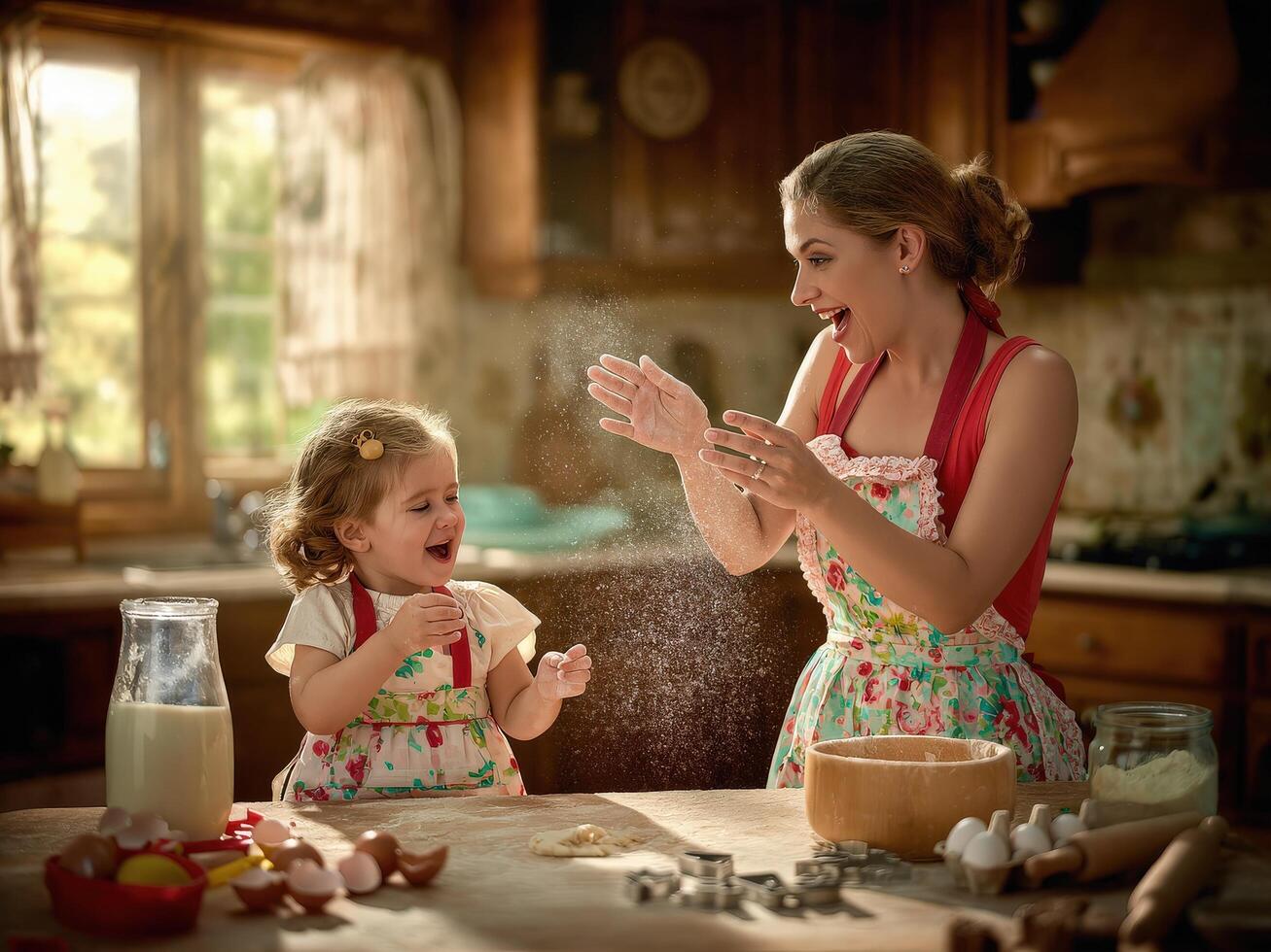 A little girl baking cupcakes in a vintage kitchen with her mom, wearing floral aprons, Warm oven light, sprinkles everywhere, and giggles in the air. photo