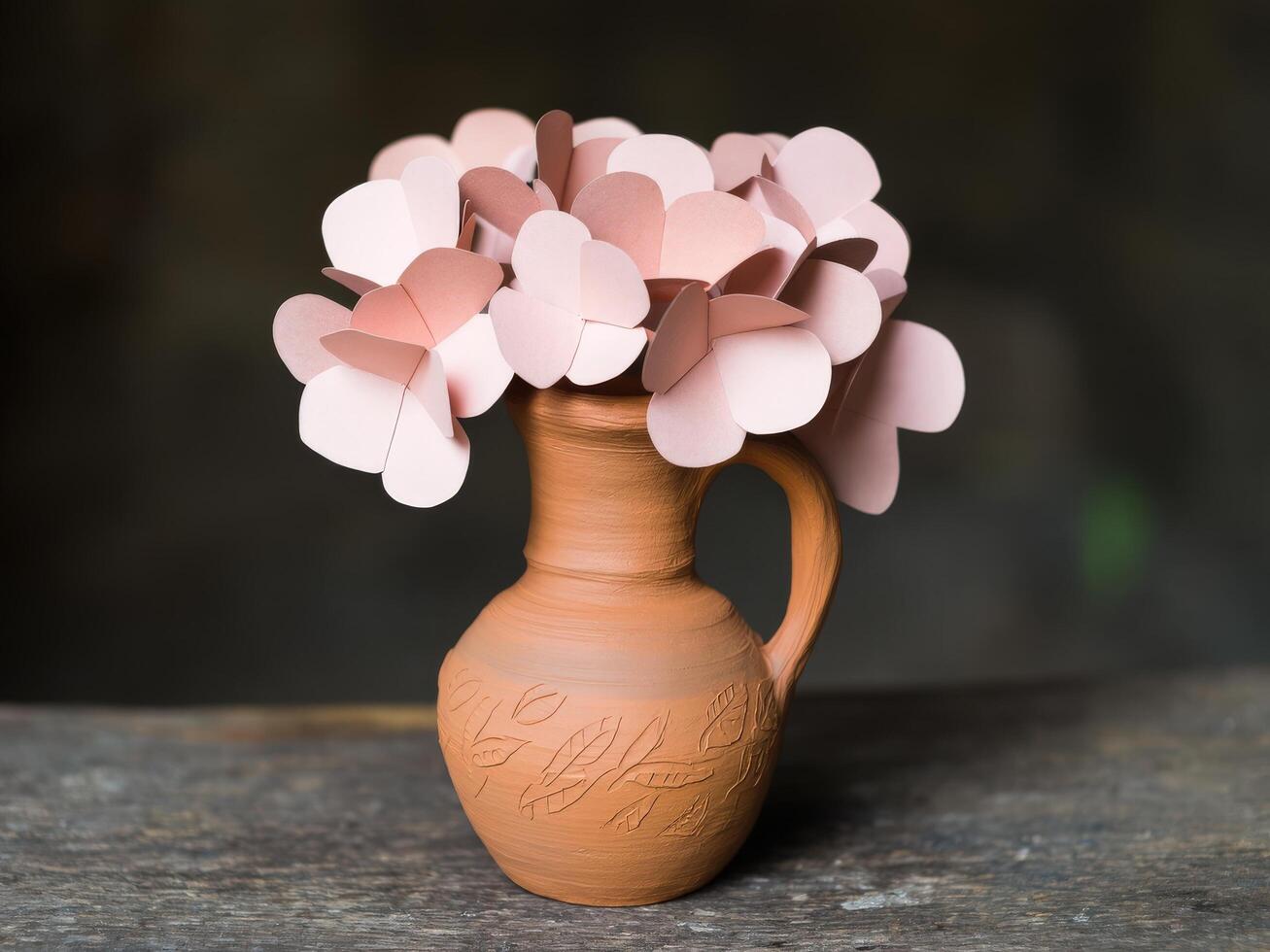 Paper flowers arranged in a handmade clay vase on an old wooden table, Crafted with care, gentle colors, and love in every petal. photo