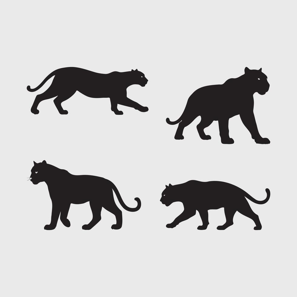 Panther Tiger Wild Cat Silhouettes in Different Poses, set of four black panther in various Walking and Prowling Positions. vector