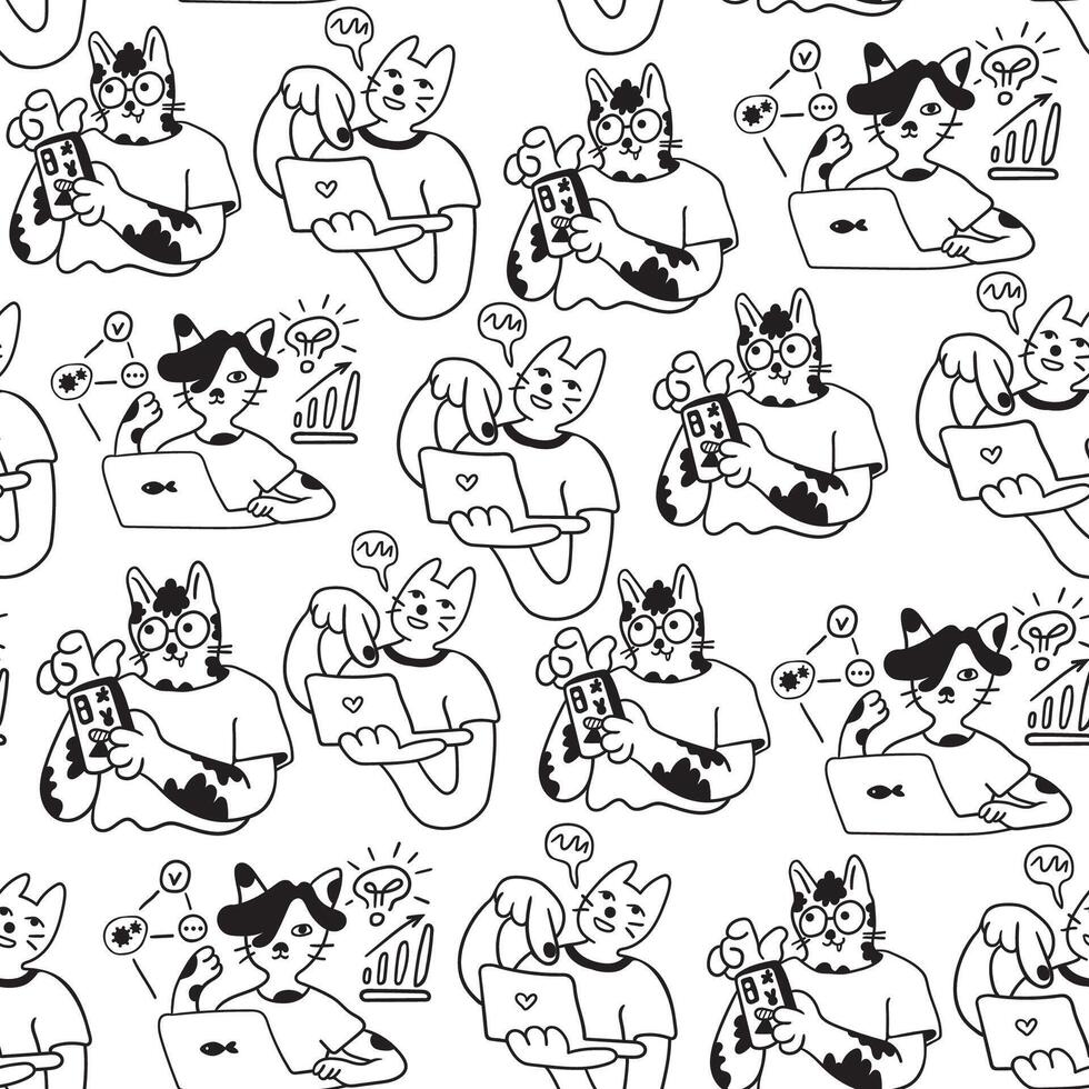 black and white seamless pattern with working cats in doodle style vector