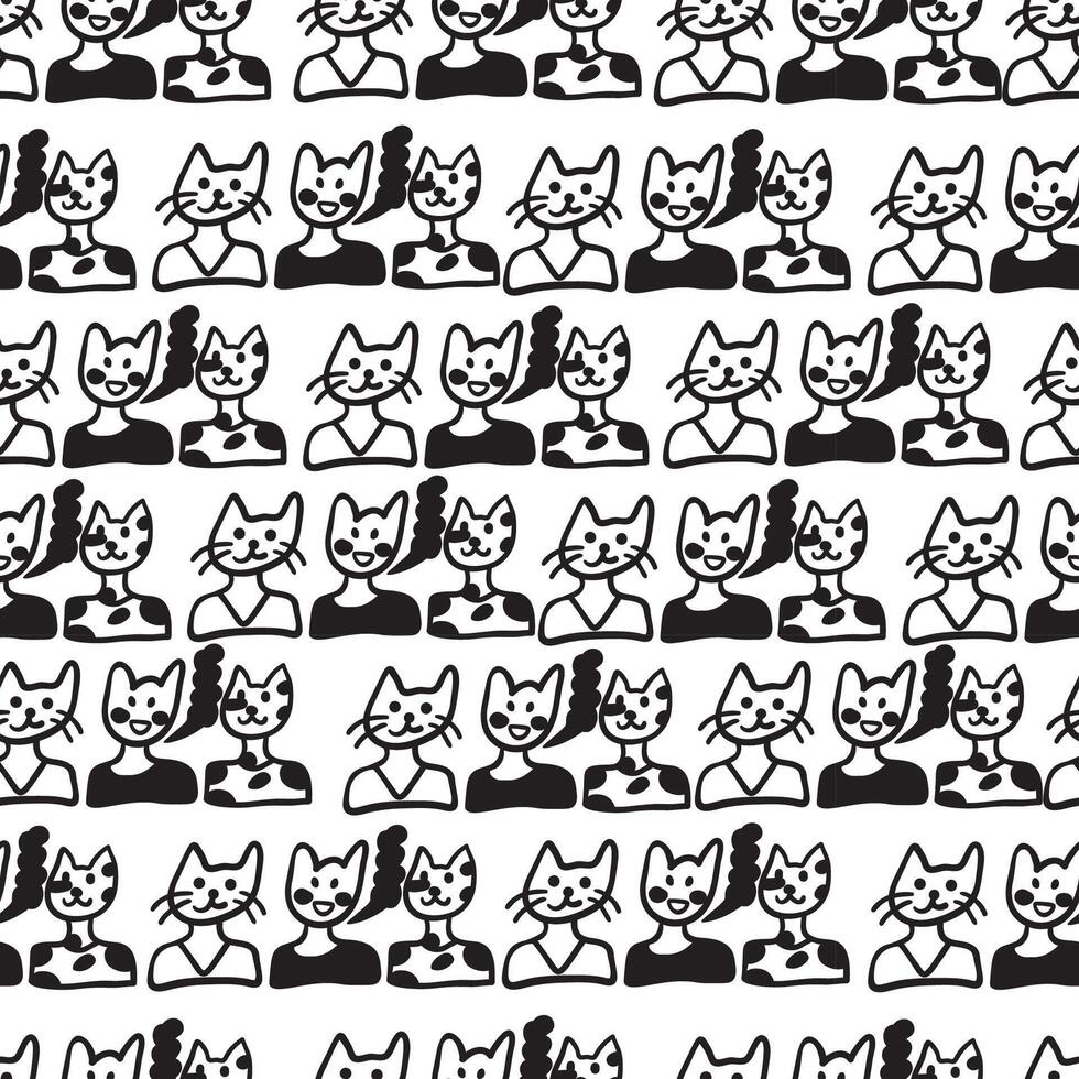black and white seamless pattern with chatting cats in doodle style vector