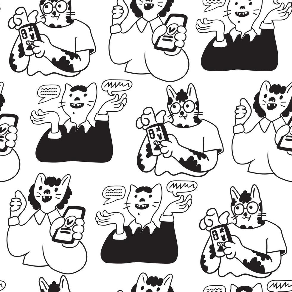 black and white seamless pattern with cats characters in doodle style vector