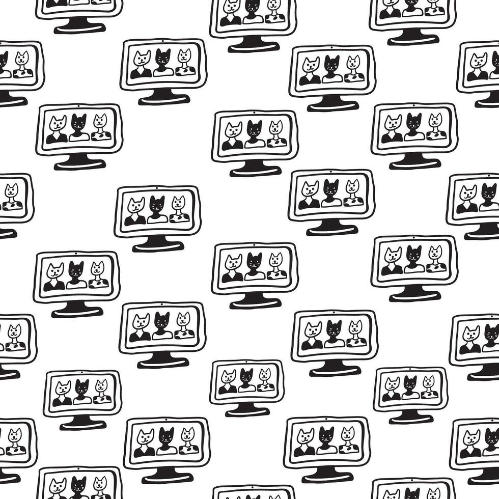 black and white seamless pattern with computer screen in doodle style vector
