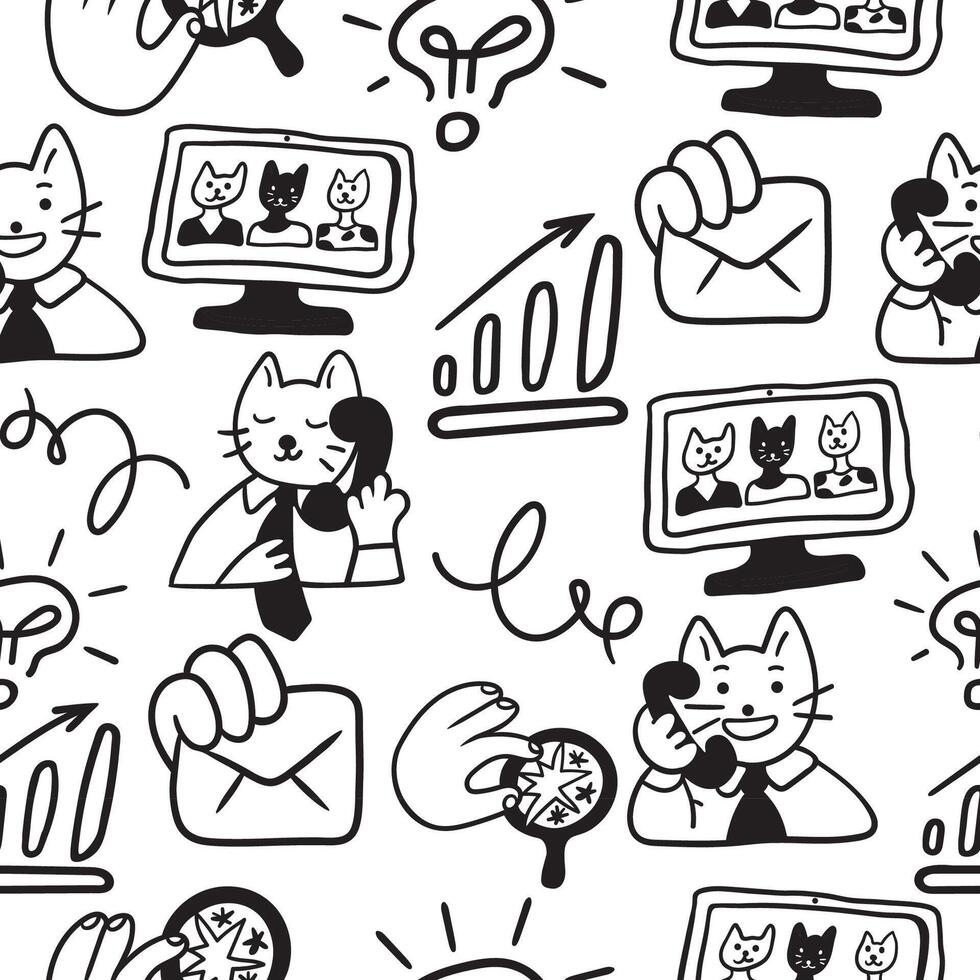 black and white seamless pattern with business icons in doodle style vector