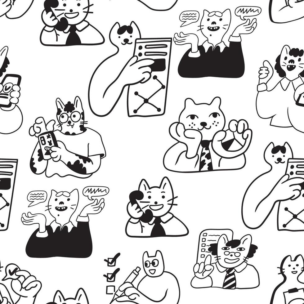 black and white seamless pattern with infographic and cats in doodle style vector