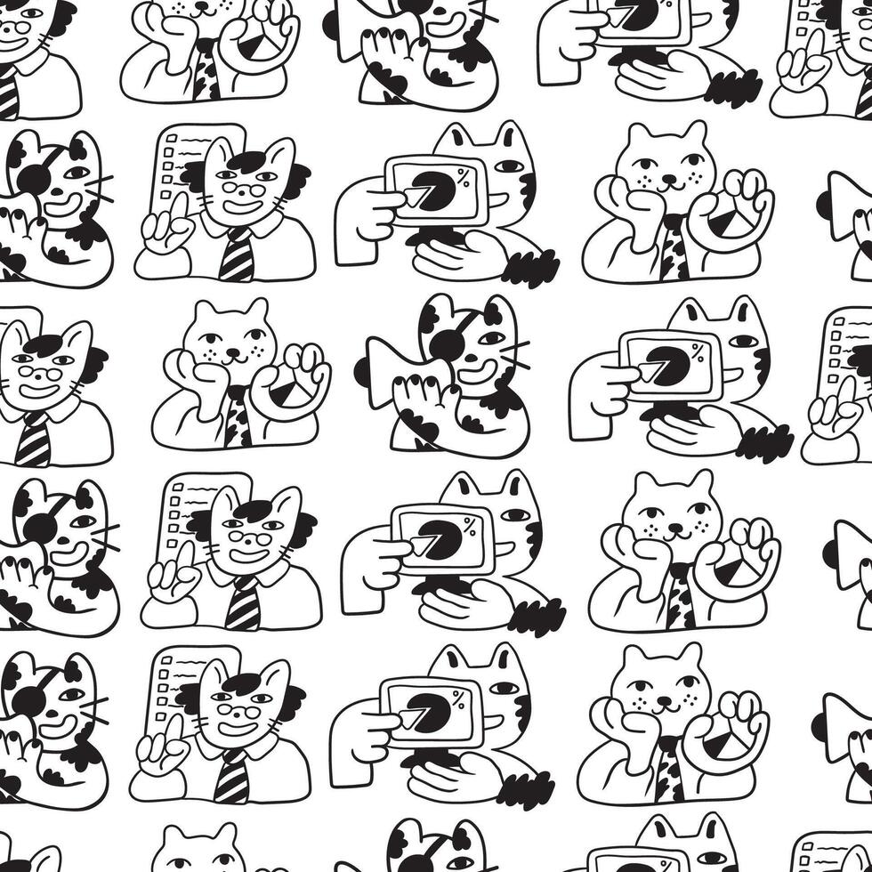 black and white seamless pattern with infographic and cats vector