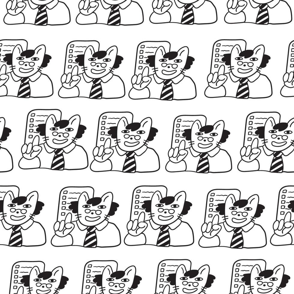 black and white seamless pattern with cat as teacher in doodle style vector