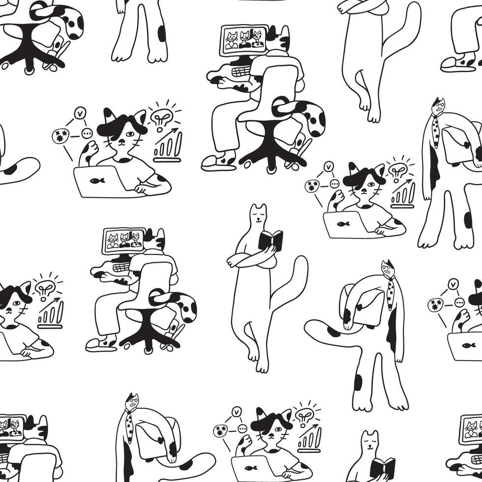 black and white seamless pattern with office cats in doodle style vector