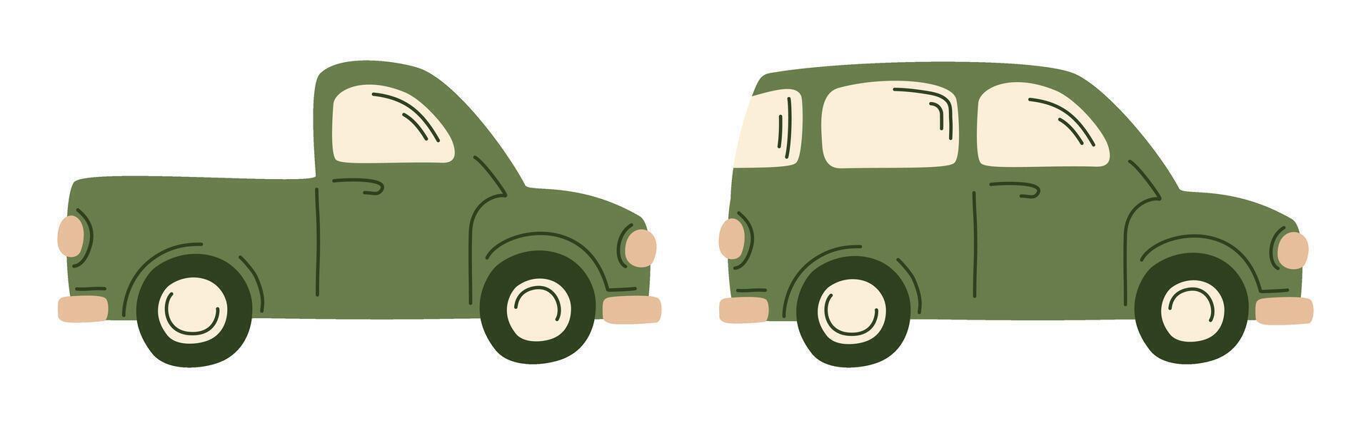 Set of two vintage green farmers vehicles, pickup truck, minivan. Hand-drawn retro automobile illustration in cute flat style. Perfect for travel, countryside, and nostalgic designs. vector