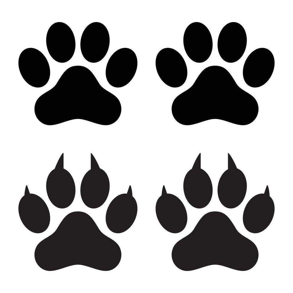 Simple black animal paw prints in two styles, with and without claws. Clean silhouette design vector