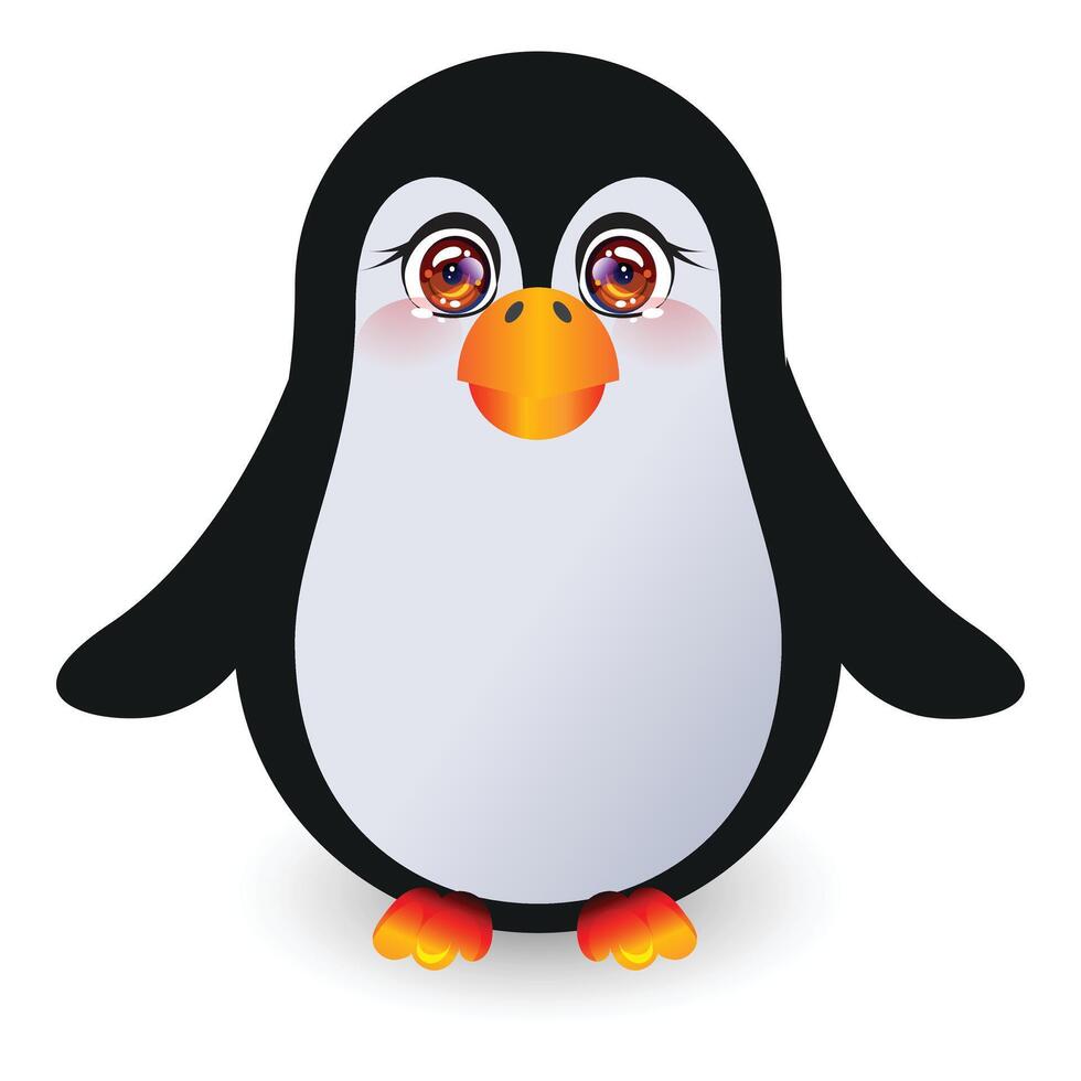 A cute cartoon penguin with big sparkling eyes and a bright orange beak. Simple style with a glossy finish and a white background. vector
