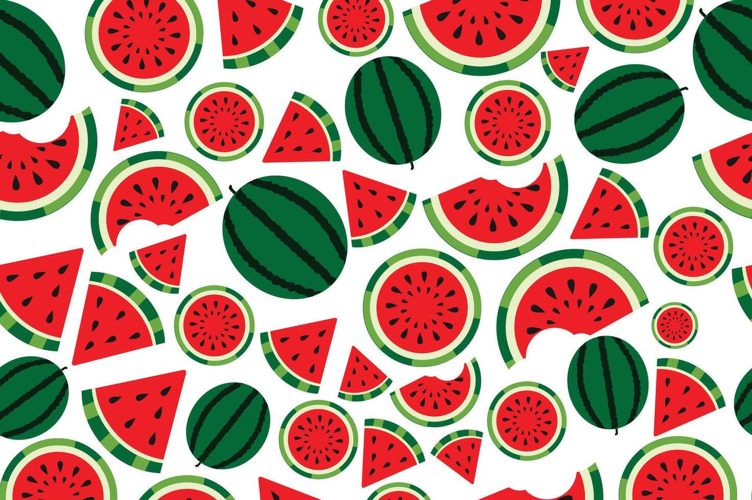 Seamless pattern of vibrant watermelon slices and whole melons with red flesh and black seeds vector