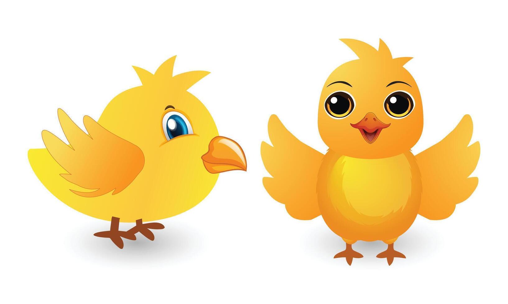 Two yellow cute cartoon baby chicks standing side by side on a white background, one facing forward with open wings and big expressive eyes, the other in side view with a curious look. vector