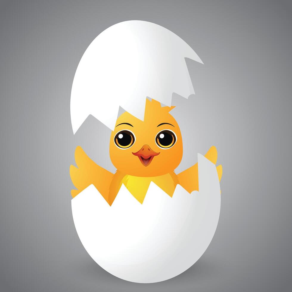 A cute, cartoon style yellow chick hatching from a white eggshell, with big expressive eyes and a joyful smile, set against a soft gray gradient background. vector