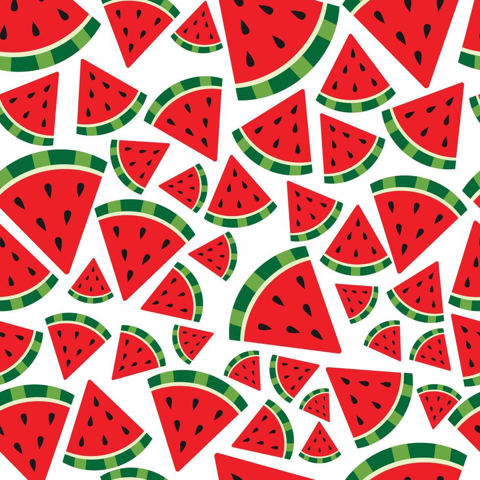 Seamless pattern of vibrant watermelon slices in various sizes and angles on a white background. Bright, fruity, and fun design perfect for summer-themed fabric, wallpaper, or decorate vector