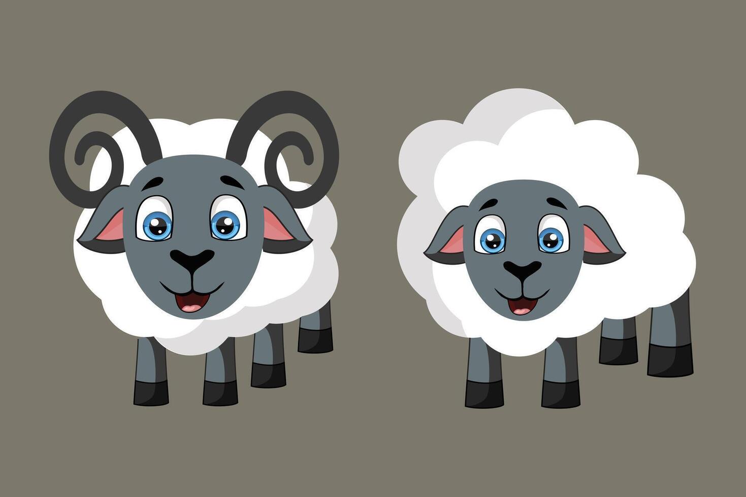 Cartoon sheep duo with fluffy white wool and gray faces one ram with curled horns with smile face vector