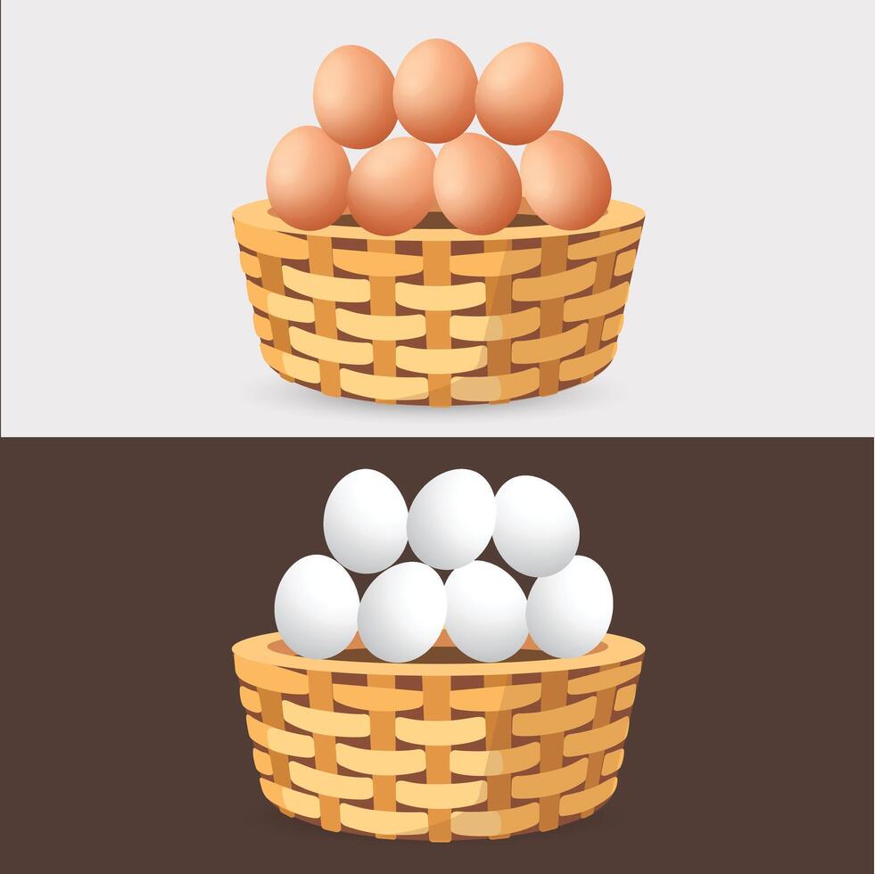 Two wicker baskets filled with eggs, one with brown eggs on a light background and one with white eggs on a dark background. Clean, simple, and contrasting food illustration. vector