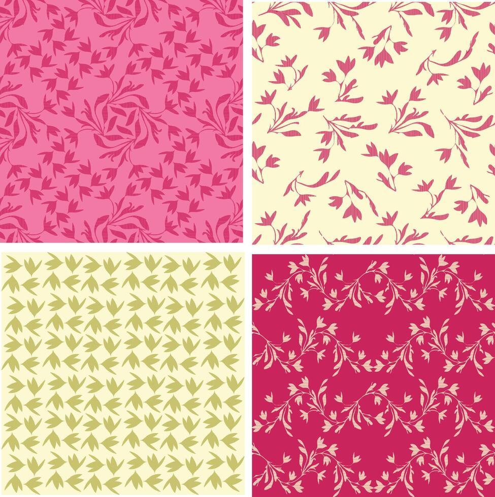 This is a seamless floral pattern collection featuring four coordinating botanical designs in pink, magenta red, sendy and olive green tones. Each pattern showcases delicate silhouettes of flowers and vector