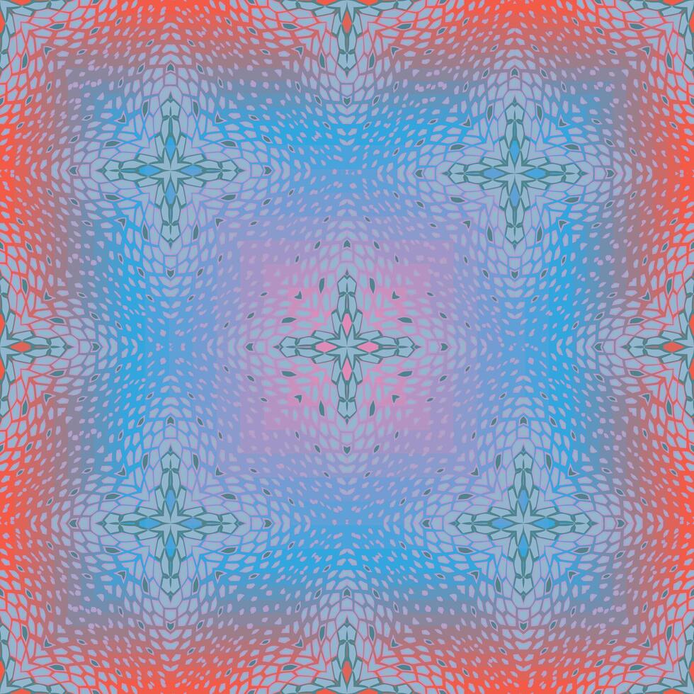 Vibrant seamless pattern with gradient mosaic textures forming geometric diamond shapes in red, blue, and violet. Perfect for fabric, digital use, stationery, or web backgrounds. vector