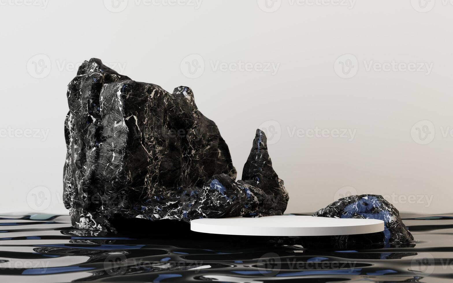 Black marble rocks rise above a rippling water surface, framing a white circular podium in a serene minimal setting. 3d rendering. photo