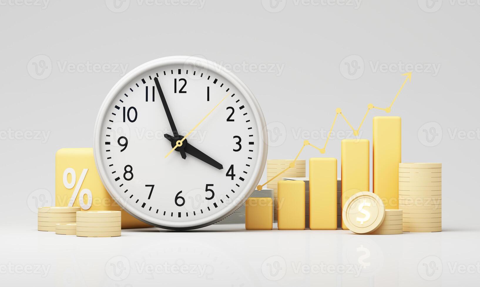 A clock with rising bar chart, coins, and dollar symbols reflects long-term investment returns and financial planning. 3d rendering. photo