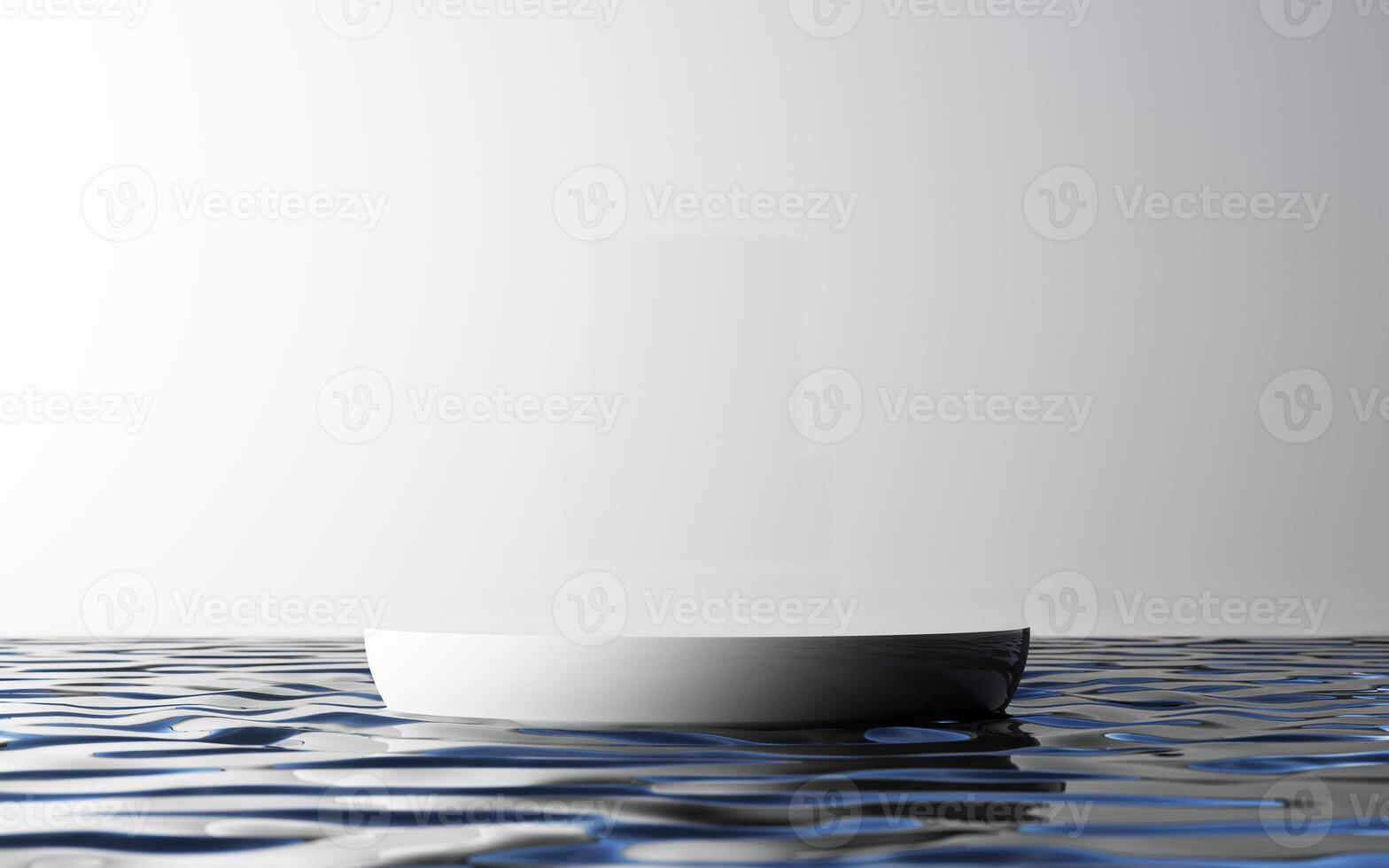 Minimal white circular podium floats alone on calm water, with a faint abstract shape in the backdrop. 3d rendering. photo