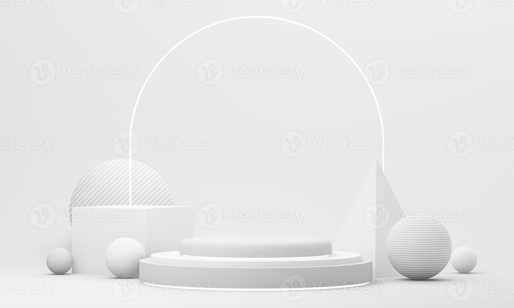 Clean white stage with abstract shapes and arch, made for high-end cosmetic or wellness product presentation. 3d rendering. photo
