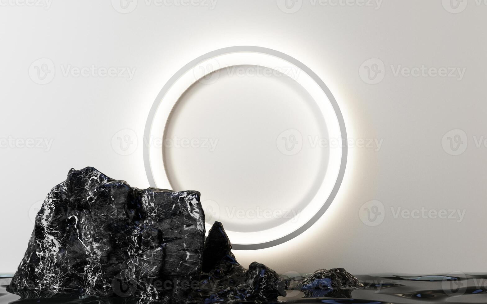 Backlit circular wall feature glows behind black marble stones, reflecting light softly on the still water below. 3d rendering. photo