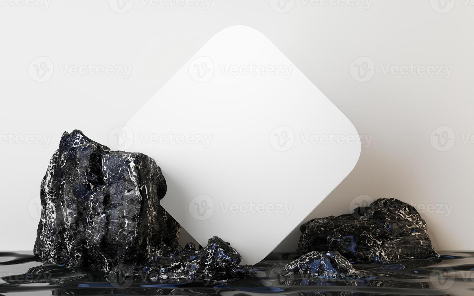 Dark rocks with marble veins surround a tilted square panel above reflective water, creating a bold product backdrop. 3d rendering. photo