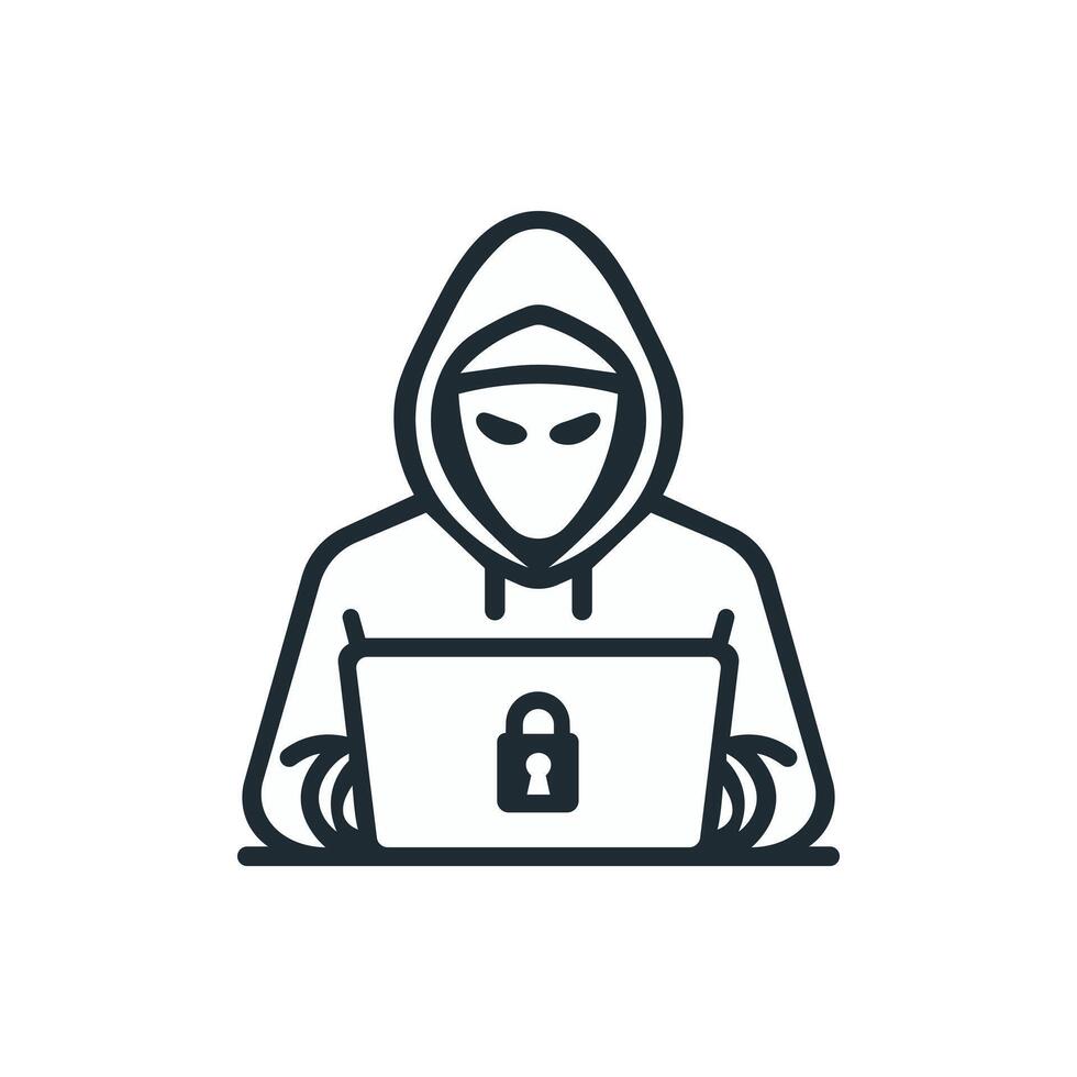 Security and protection. Hacker with laptop line icon vector