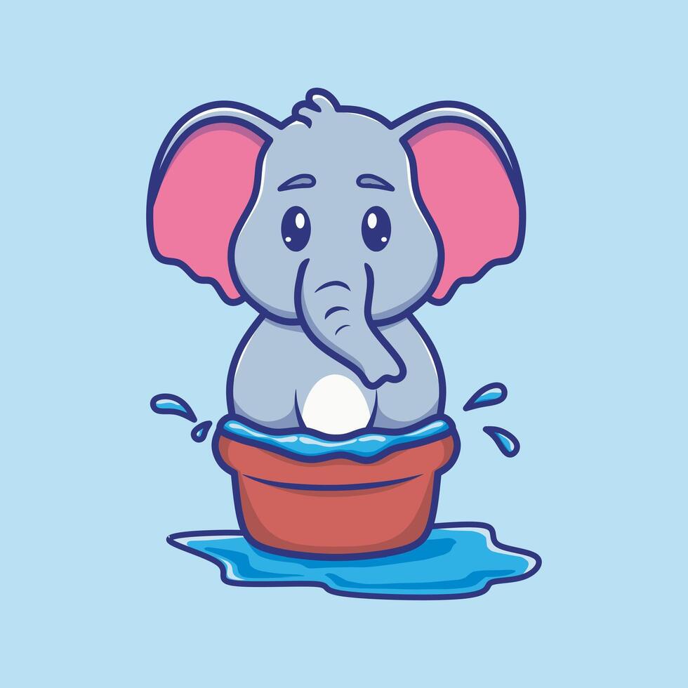 Cute illustration of a happy baby elephant joyfully soaking in a water filled basin, celebrating the Songkran water festival with playful delight. vector