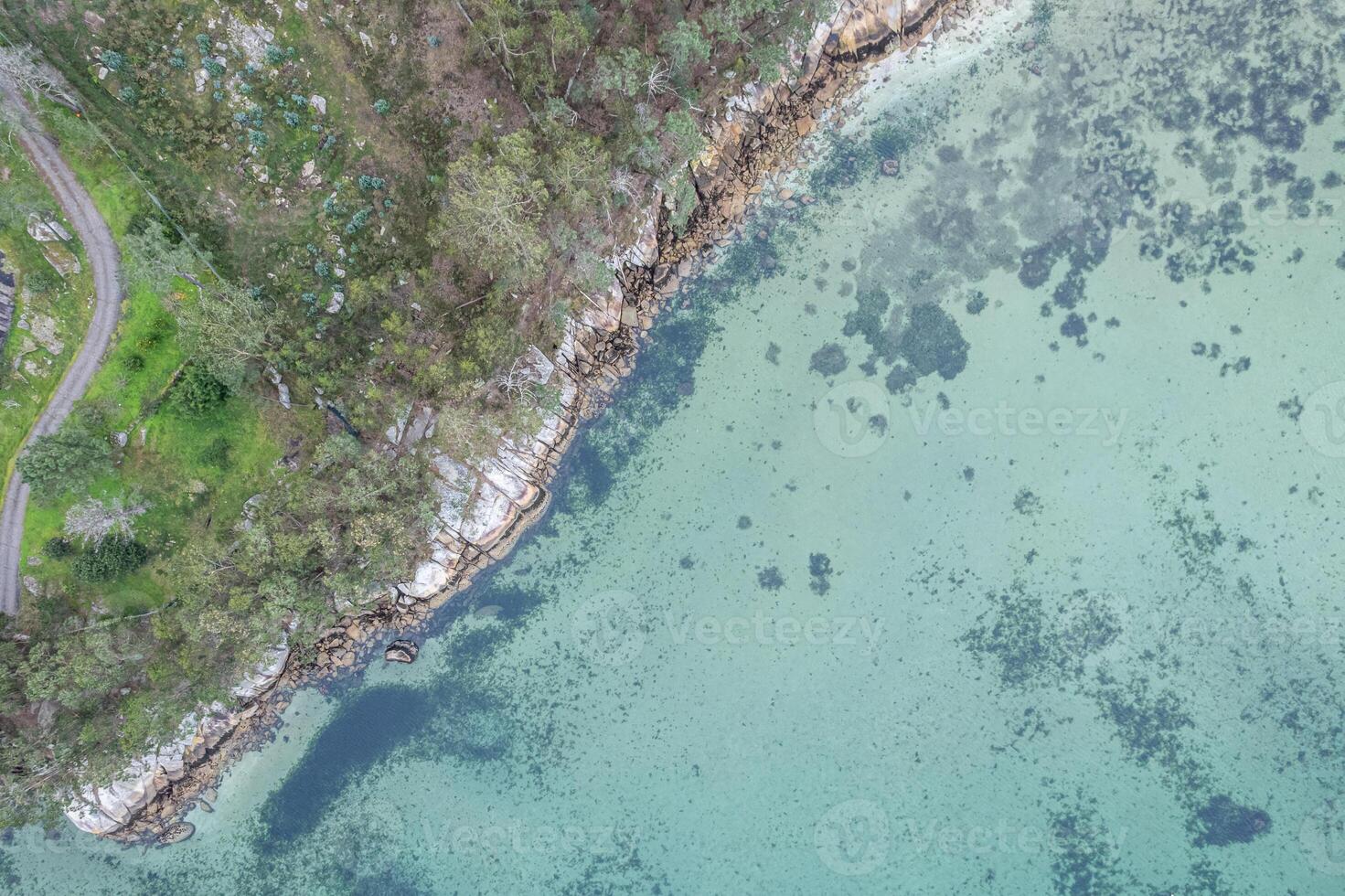 Aerial drone view of clear turquoise ocean water meeting rocky coast photo