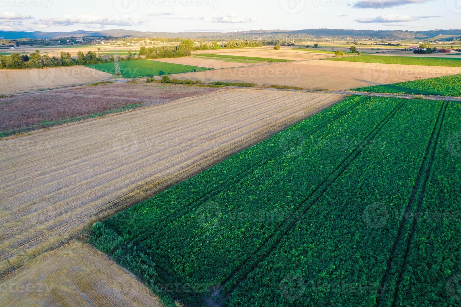 scenic drone view of a rural landscape with multiple fields aerial perspective of colorful farmland, agricultural concept background photo