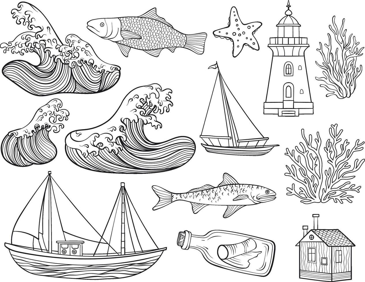 A nautical-themed line art illustration featuring ocean waves, boats, fish, lighthouse, coral, and maritime elements vector