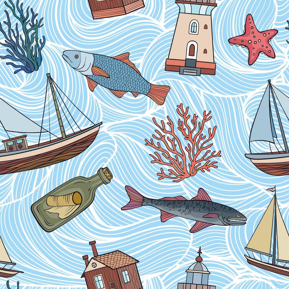 Seamless pattern with abstract sea nautical-themed waves background, boats, fish, lighthouse, coral, and maritime elements, illustration vector
