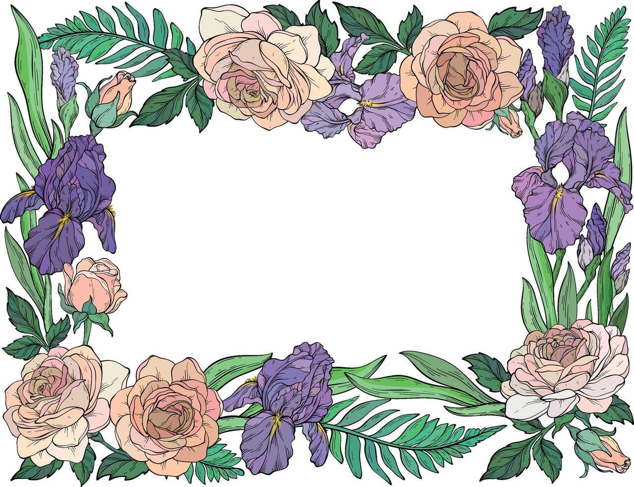 A illustration of a floral frame made of roses, irises, and green leaves, elegantly arranged around a white background vector