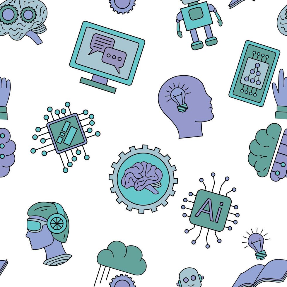 Seamless pattern with artificial intelligence elements including robots, neural networks, brains, computer chips, and digital communication symbols, illustration vector