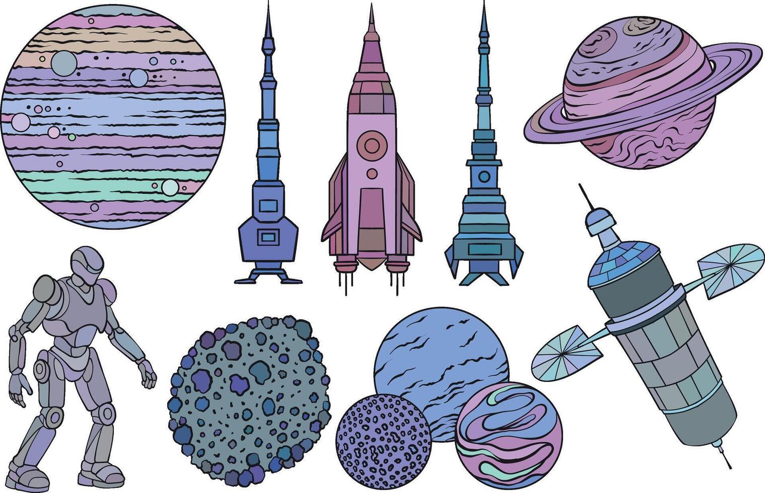 A colorful illustration featuring space elements such as rockets, planets, a robot, satellites, and asteroids vector