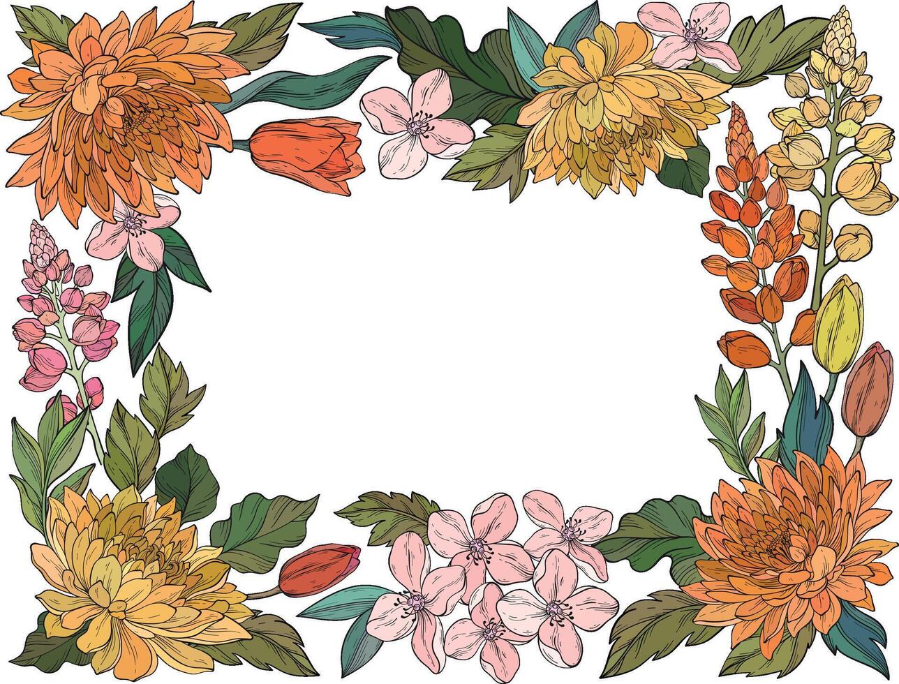 A illustration of a floral frame composed of chrysanthemums, tulips, and blossoms in warm autumn colors on a white background vector