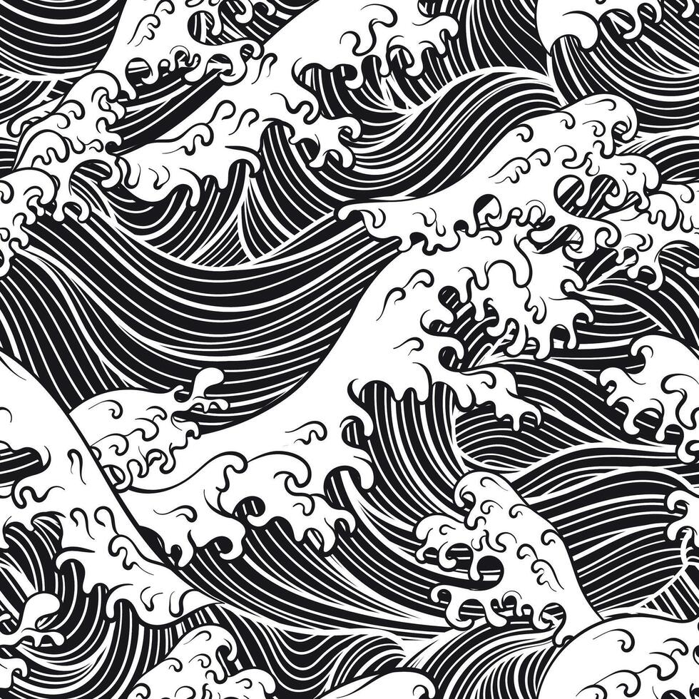 A seamless pattern illustration featuring stylized ocean waves in dynamic black and white tones with foamy crests vector