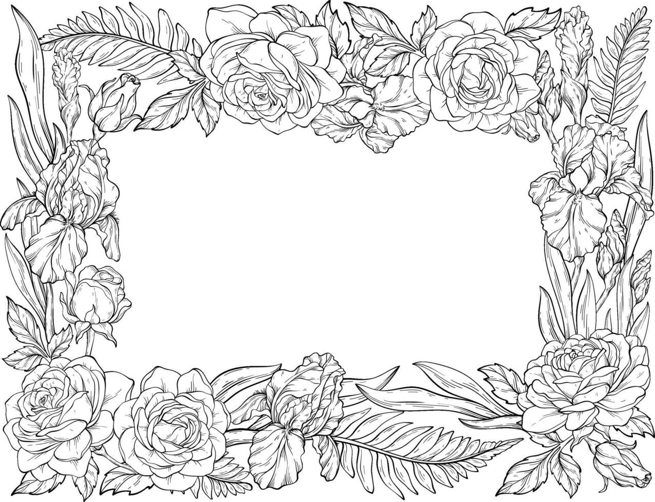 A line art illustration of a floral frame made of roses, irises, and leaves, elegantly arranged around a white background vector