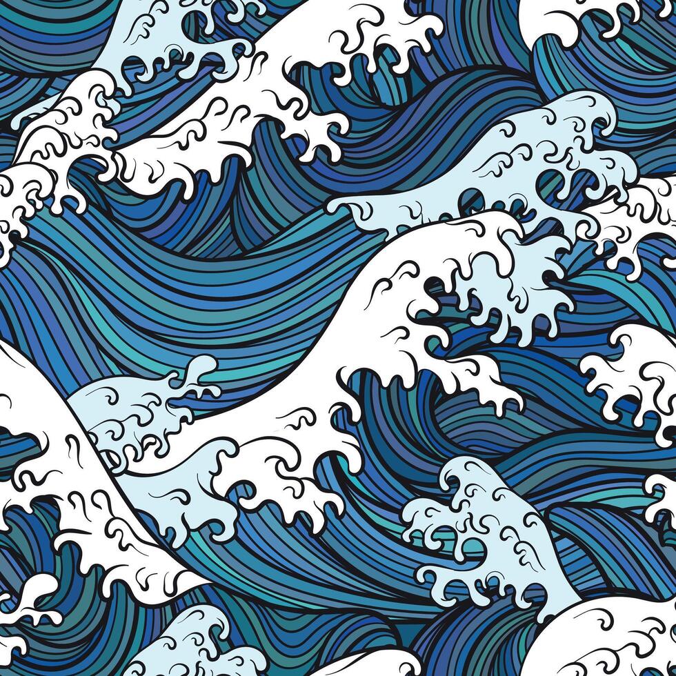 A seamless pattern illustration featuring stylized ocean waves in dynamic blue tones with foamy crests vector