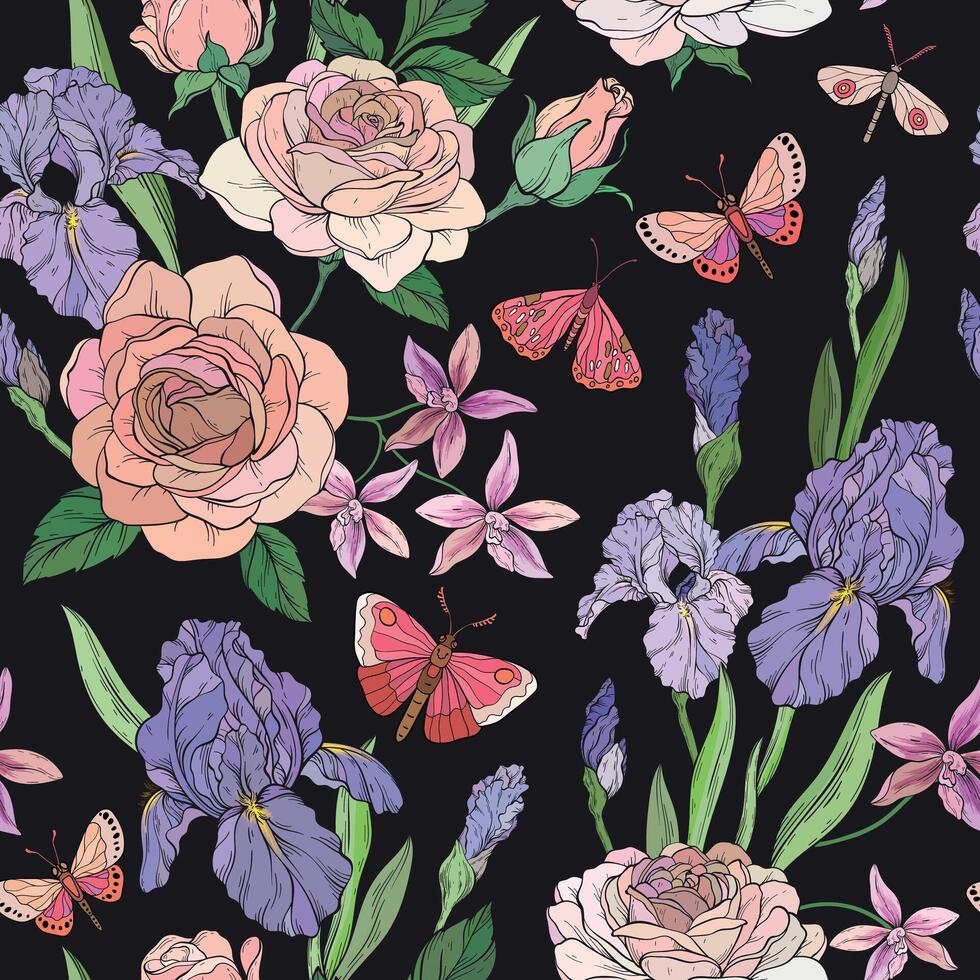 A seamless pattern with pink roses, irises, and orchids with lush green leaves, beautifully arranged alongside delicate butterflies on black background vector