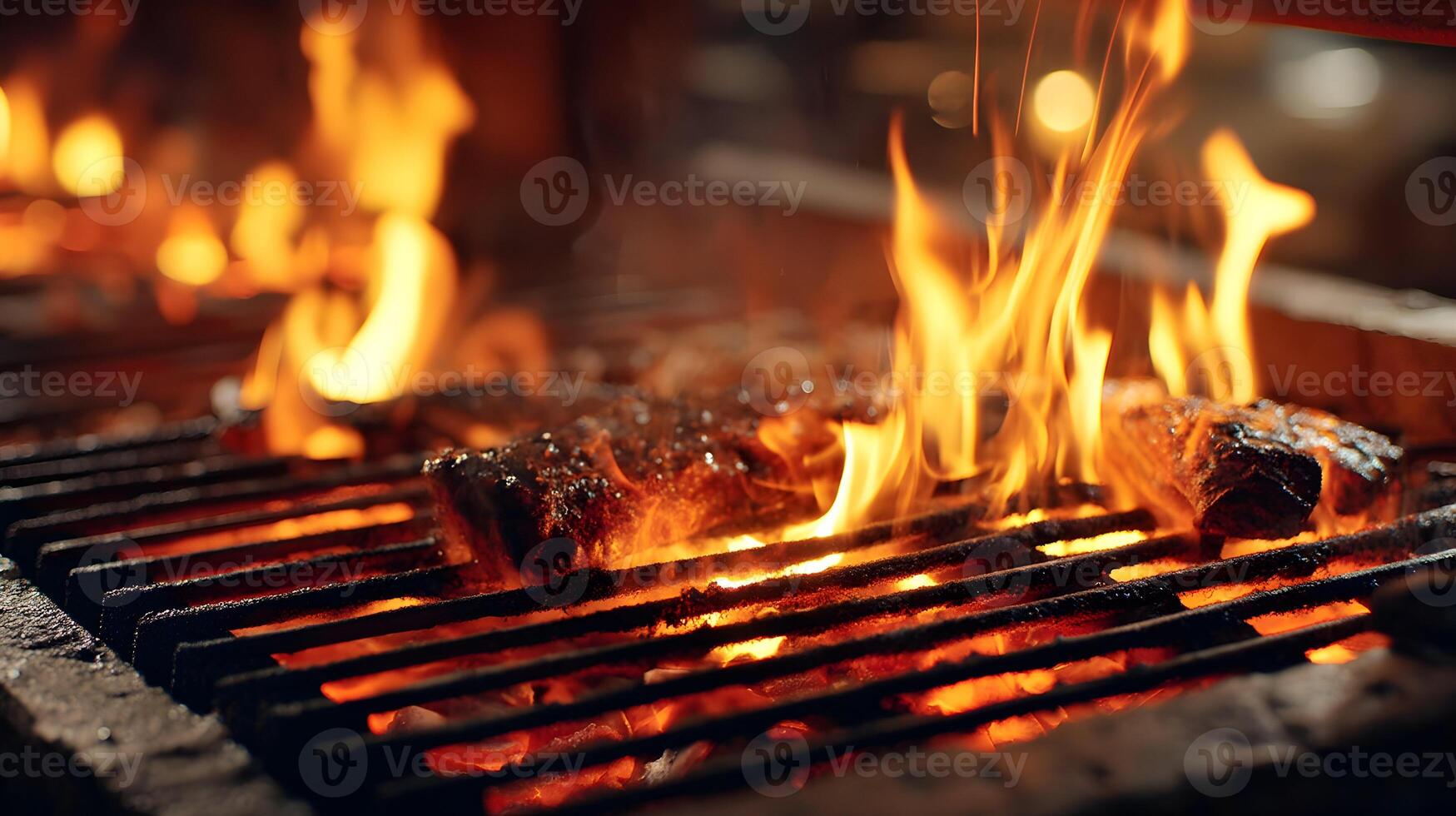Close up of steak cooking on a grill with flames and glowing coals in a dark outdoor setting photo