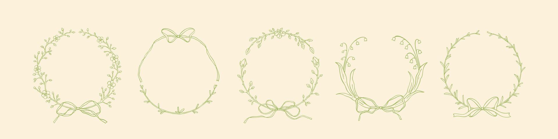 Hand drawn sketch spring floral borders collection. Laurel, lily of the valley, olive, grass, summer flowers filigree victorian style borders. Coquette whimsical girly frames with ribbon bows vector