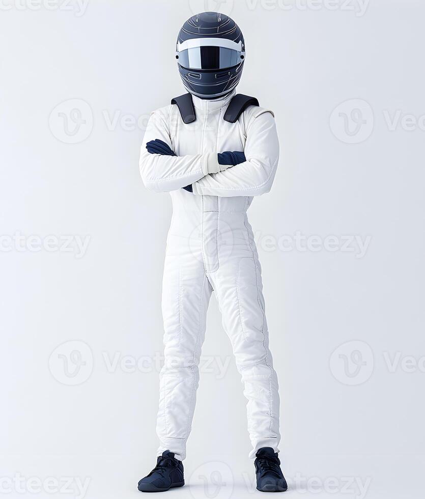 Full length portrait of a racer in white suit and helmet standing with arms crossed on white background photo