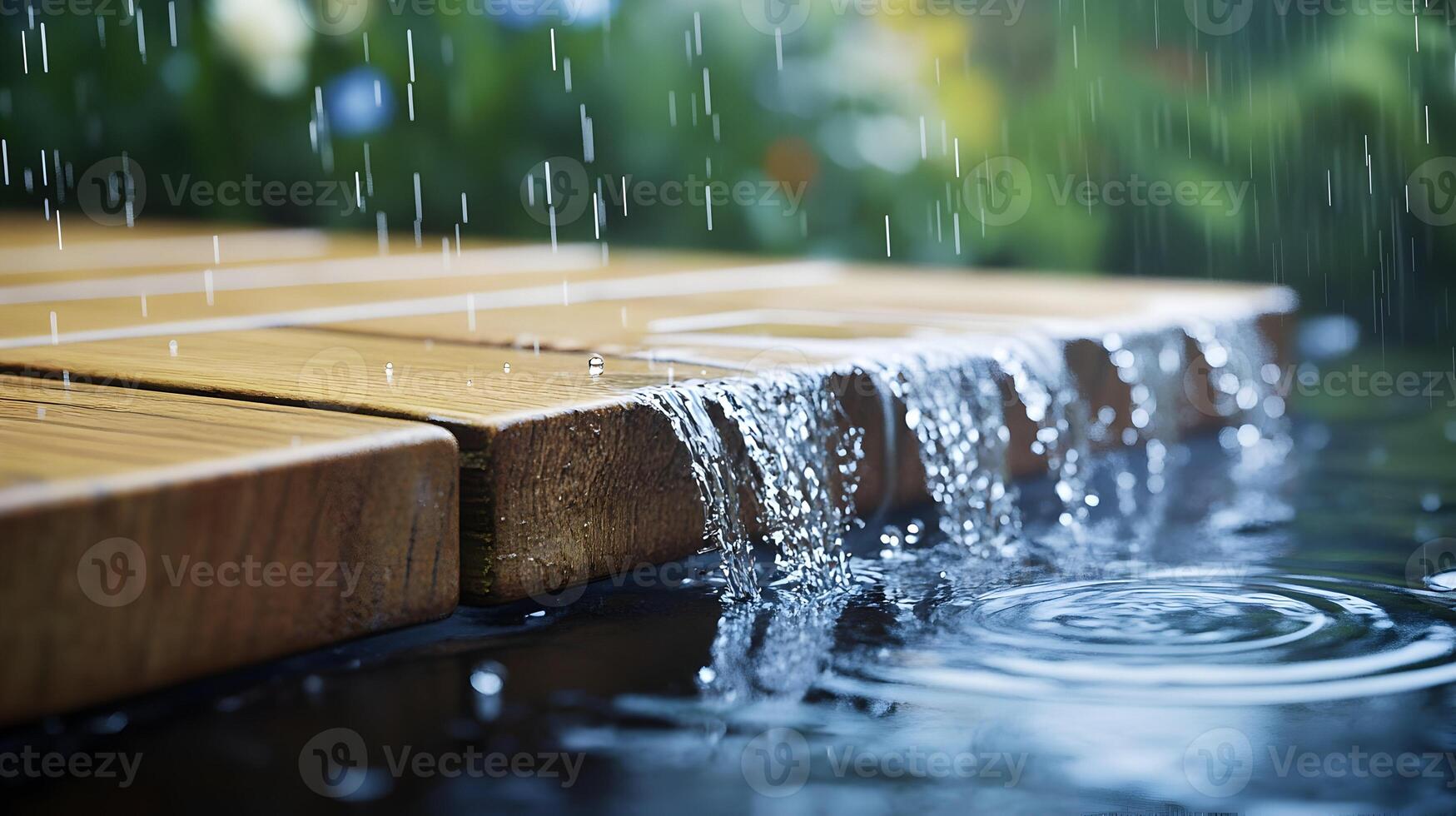 close-up of rainwater cascading down wooden planks with droplets splashing below photo
