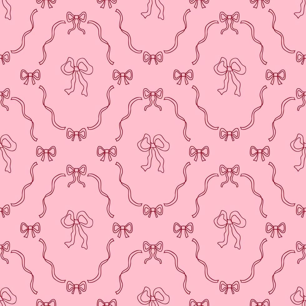 Elegant ribbon bow frame seamless pattern. Delicate girly print for fabric, paper, textile. Hand drawn illustration. vector