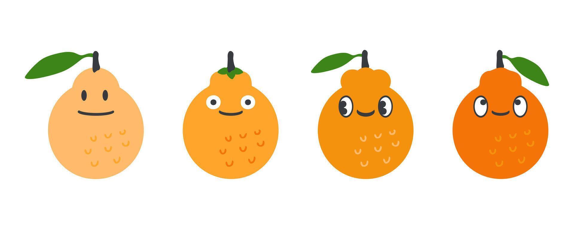 Hallabong korean citrus tangerine fruit characters set. Perfect for stickers, poster, label, sale, card. Hand drawn illustration isolated on a white background. vector